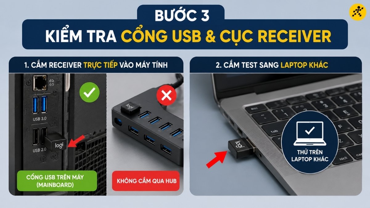 Kiểm tra cổng USB và cục Receiver Kiểm tra cổng USB và cục Receiver