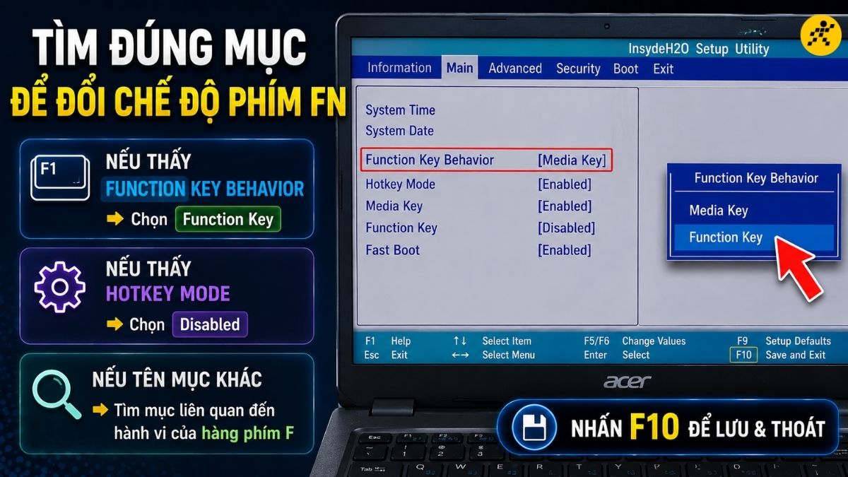 Tìm đúng mục để đổi chế độ phím Fn Tìm đúng mục để đổi chế độ phím Fn