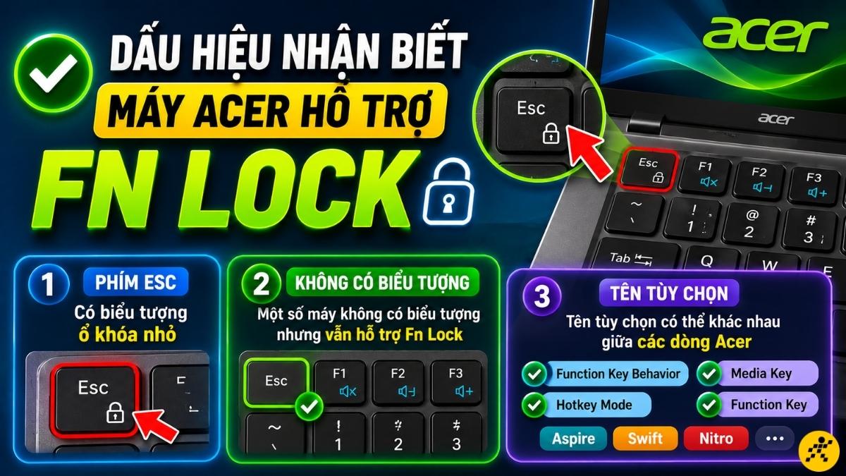 Dấu hiệu nhận biết máy có thể hỗ trợ Fn Lock Dấu hiệu nhận biết máy có thể hỗ trợ Fn Lock