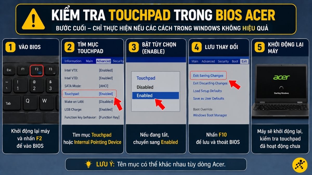 Kiểm tra BIOS nếu touchpad Acer vẫn bị tắt hoàn toàn Kiểm tra BIOS nếu touchpad Acer vẫn bị tắt hoàn toàn