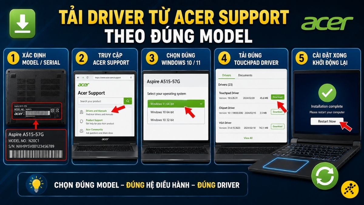 Tải driver từ Acer Support theo đúng model Tải driver từ Acer Support theo đúng model