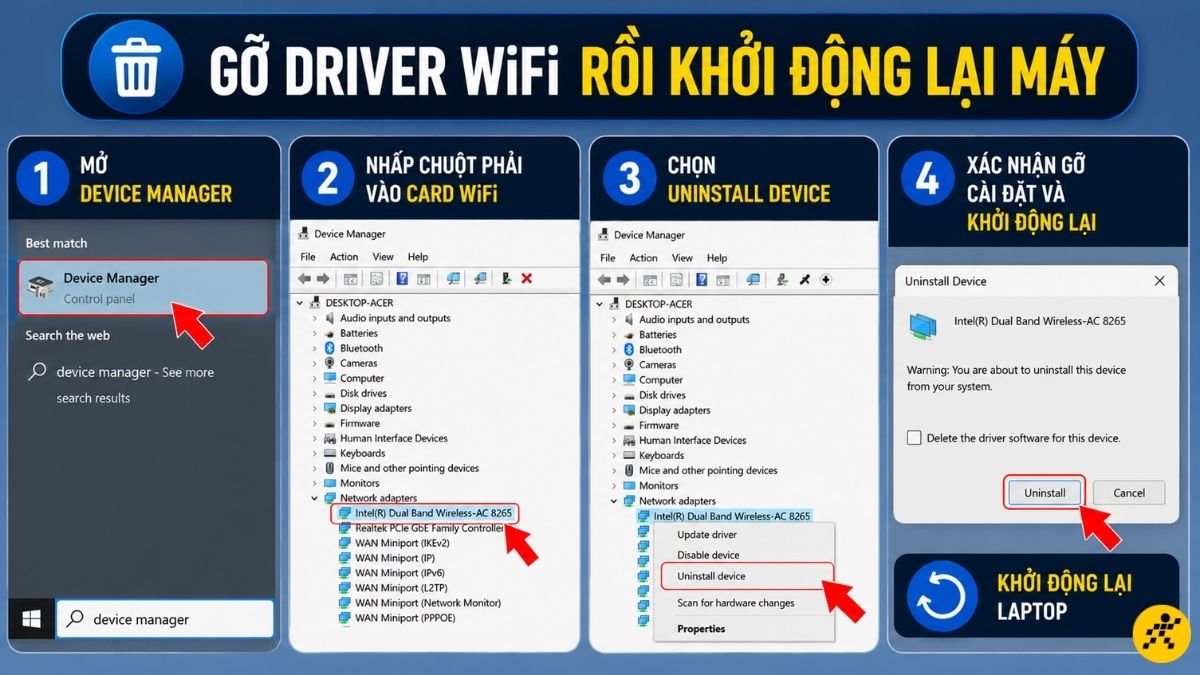 Gỡ driver rồi khởi động lại máy Gỡ driver rồi khởi động lại máy
