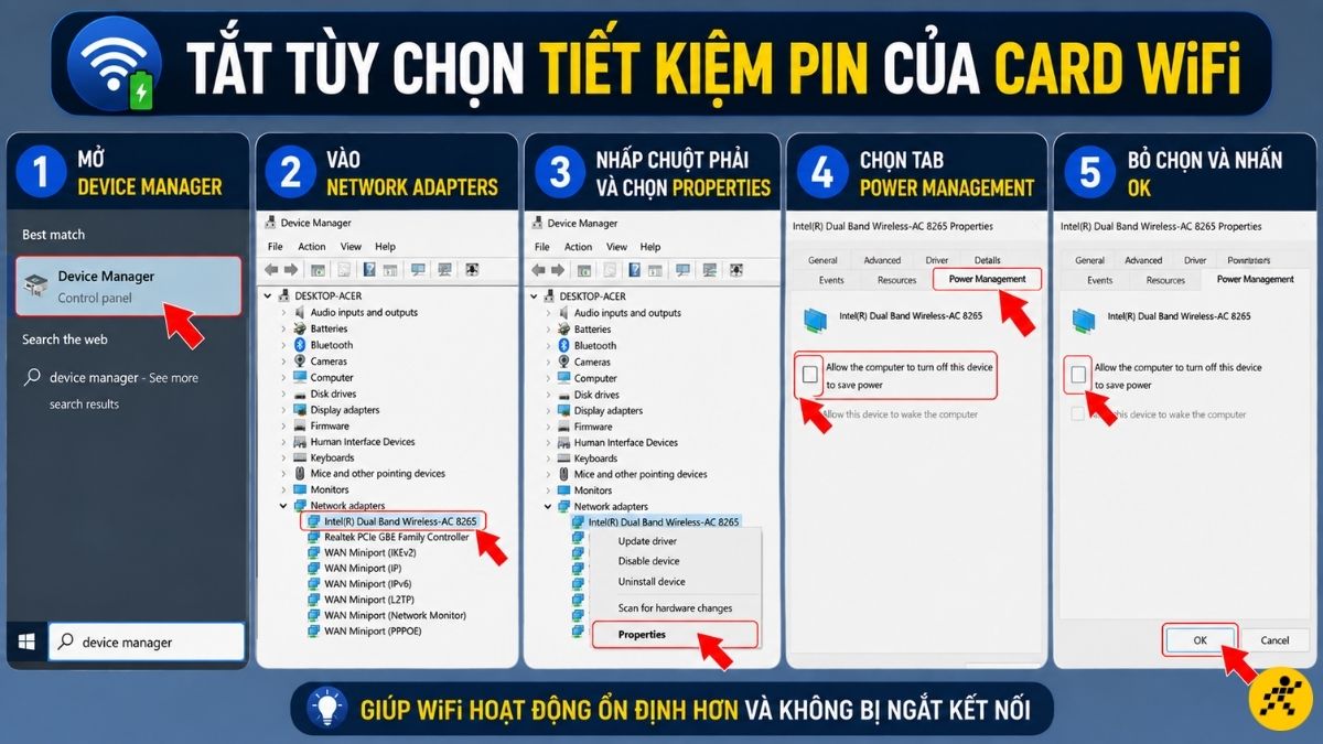 Tắt tùy chọn tiết kiệm pin của card WiFi Tắt tùy chọn tiết kiệm pin của card WiFi