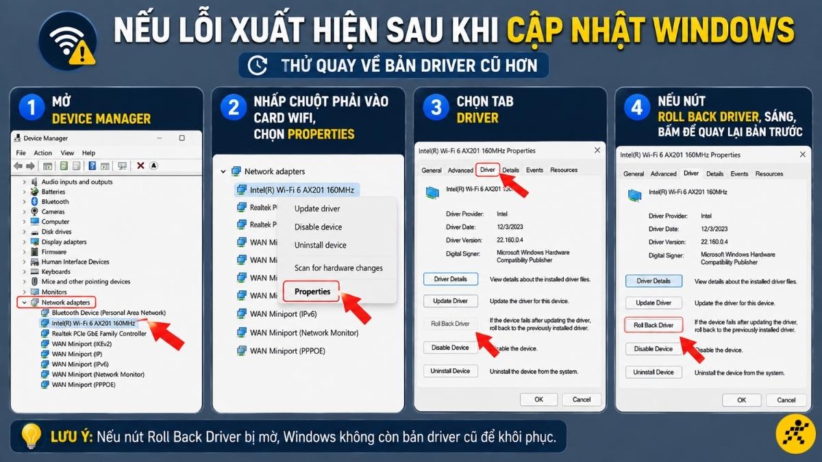 Thử quay về bản driver cũ hơn Thử quay về bản driver cũ hơn