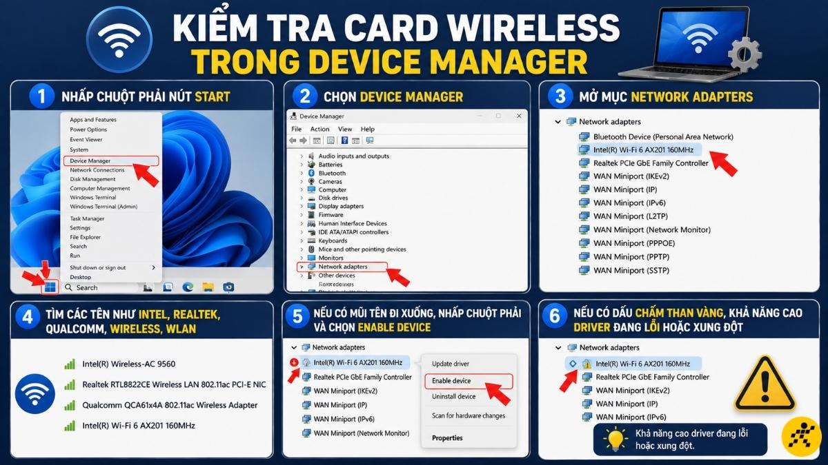 Kiểm tra card Wireless trong Device Manager Kiểm tra card Wireless trong Device Manager