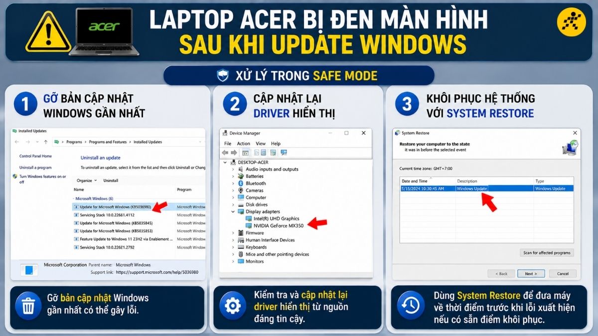 Laptop Acer bị đen màn hình sau khi update Windows Laptop Acer bị đen màn hình sau khi update Windows