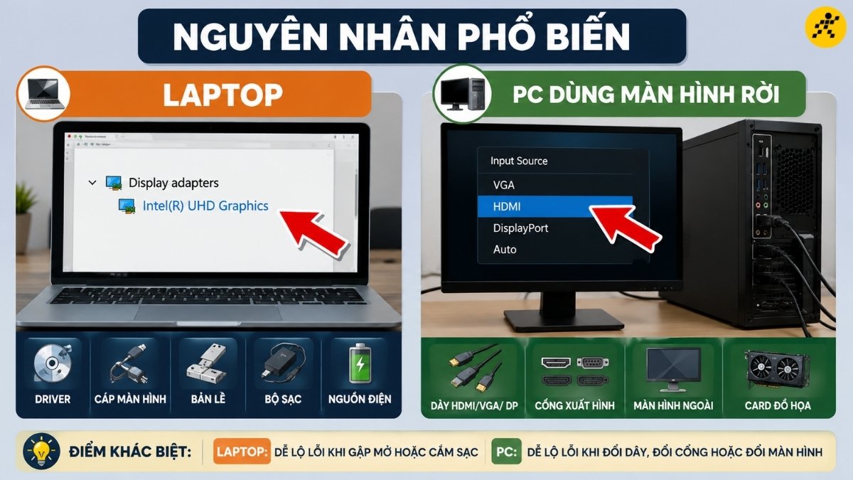 Nguyên nhân phổ biến trên laptop và PC dùng màn hình rời Nguyên nhân phổ biến trên laptop và PC dùng màn hình rời