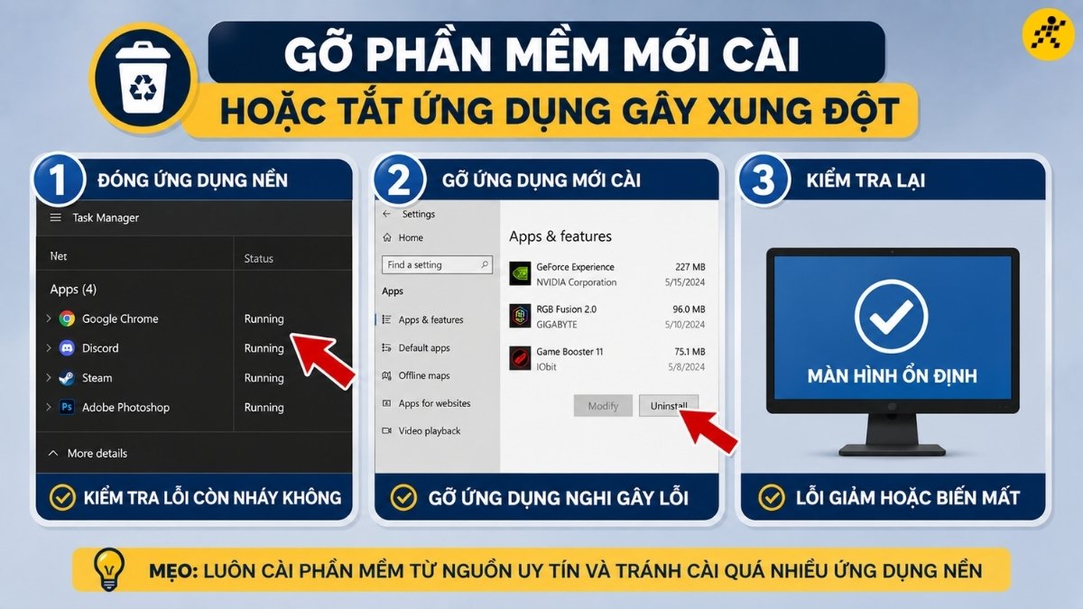 Gỡ phần mềm mới cài hoặc tắt ứng dụng gây xung đột Gỡ phần mềm mới cài hoặc tắt ứng dụng gây xung đột