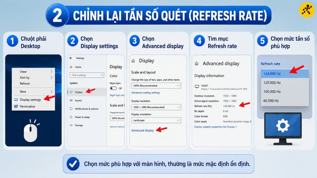 Chỉnh lại tần số quét (Refresh Rate) Chỉnh lại tần số quét (Refresh Rate)