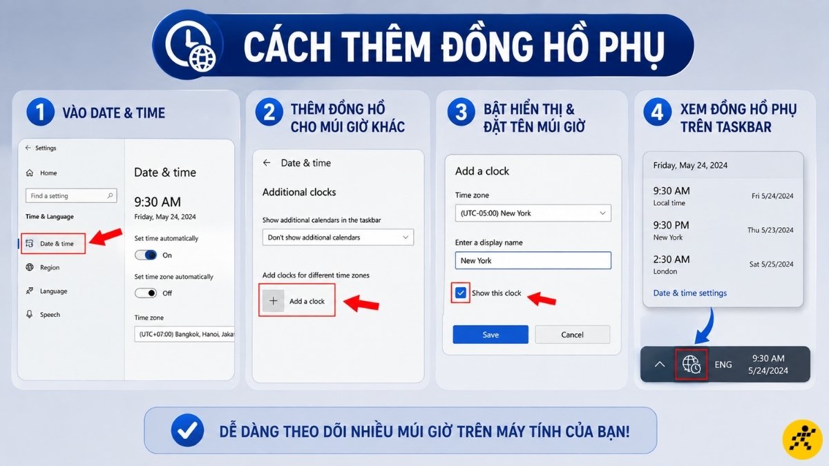 Cách thêm đồng hồ phụ Cách thêm đồng hồ phụ