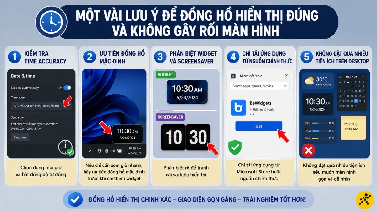 Lưu ý để đồng hồ hiển thị đúng và không gây rối màn hình Lưu ý để đồng hồ hiển thị đúng và không gây rối màn hình