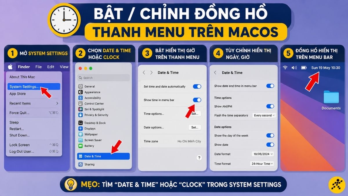 Bật / chỉnh đồng hồ thanh menu Bật / chỉnh đồng hồ thanh menu