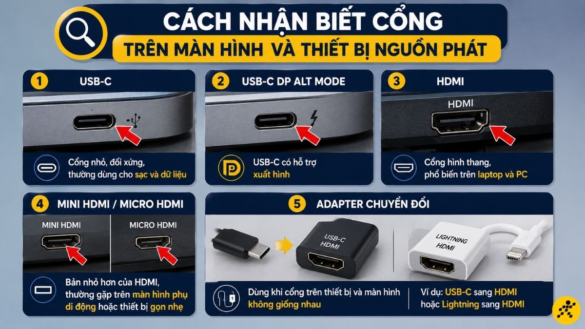 Cách nhận biết cổng trên màn hình và thiết bị nguồn phát Cách nhận biết cổng trên màn hình và thiết bị nguồn phát