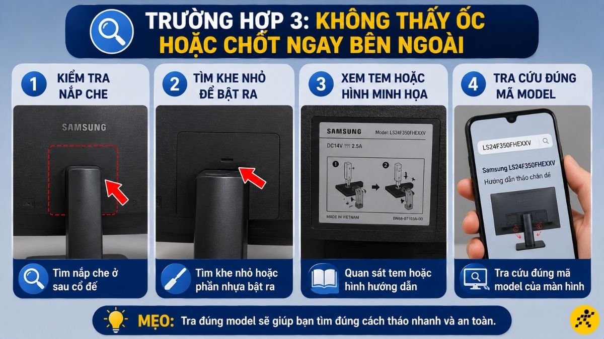 Không thấy ốc hoặc chốt ngay bên ngoài Không thấy ốc hoặc chốt ngay bên ngoài