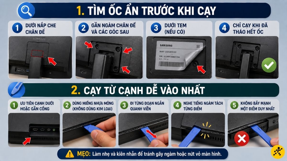 Tìm ốc ẩn trước khi cạy Tìm ốc ẩn trước khi cạy