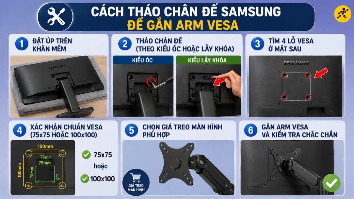 Cách tháo chân đế màn hình Samsung để gắn arm VESA Cách tháo chân đế màn hình Samsung để gắn arm VESA