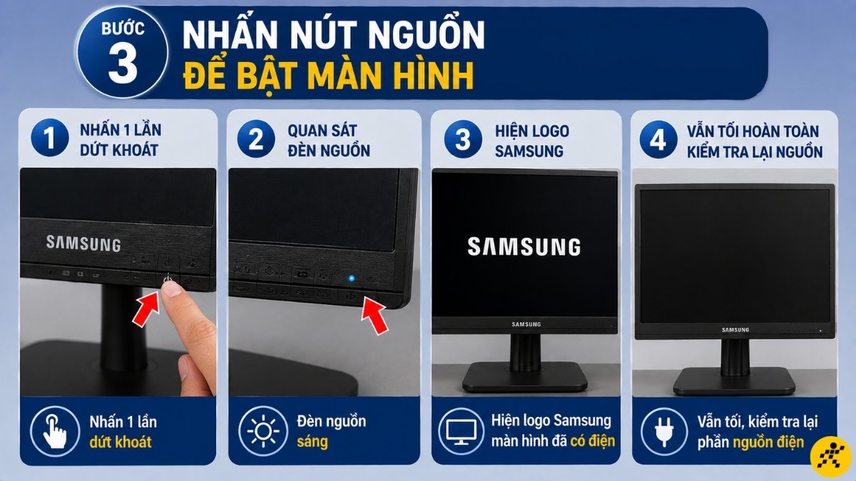 Nhấn nút nguồn để bật màn hình Nhấn nút nguồn để bật màn hình