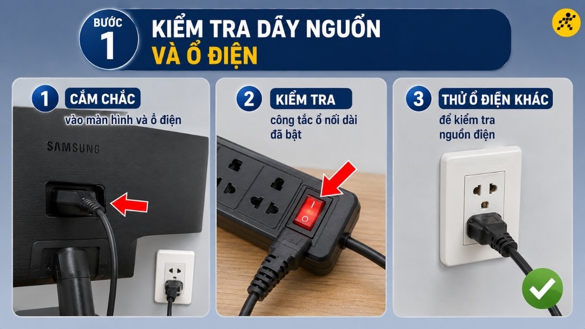 Kiểm tra dây nguồn và ổ điện Kiểm tra dây nguồn và ổ điện