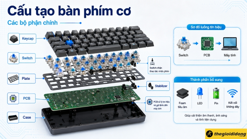 Sơ đồ cắt lớp cấu tạo của một chiếc bàn phím cơ tiêu chuẩn Sơ đồ cắt lớp cấu tạo của một chiếc bàn phím cơ tiêu chuẩn