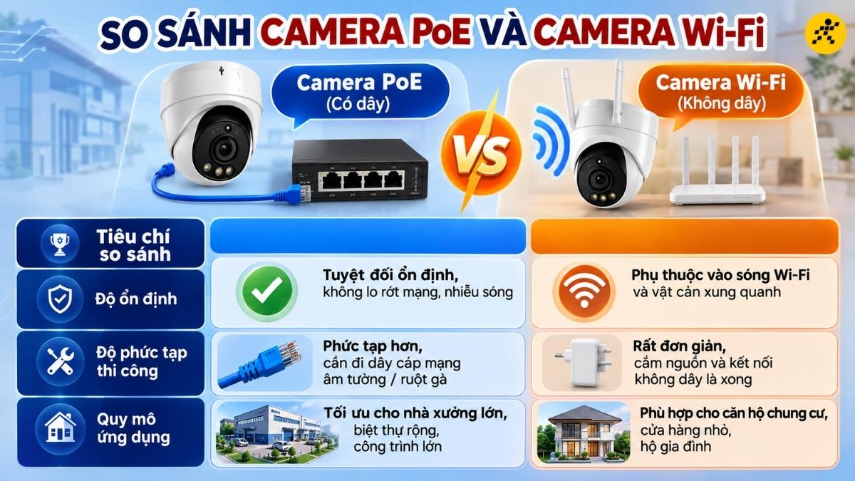 So sánh Camera PoE và Camera Wi-Fi không dây So sánh Camera PoE và Camera Wi-Fi không dây
