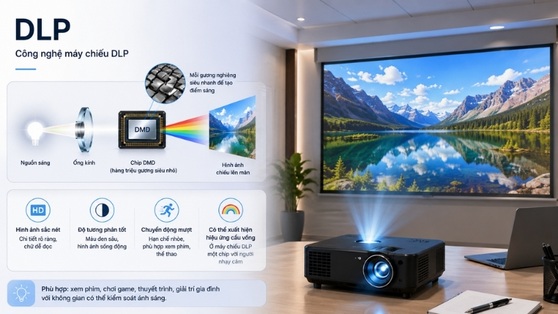 Công nghệ DLP sử dụng chip DMD chứa hàng triệu gương vi mô kết hợp bánh xe màu Công nghệ DLP sử dụng chip DMD chứa hàng triệu gương vi mô kết hợp bánh xe màu