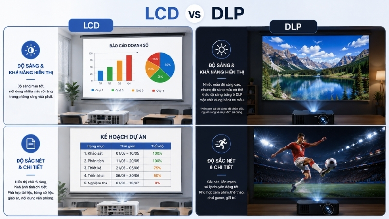 So sánh độ sáng, độ sắc nét của máy chiếu LCD và DLP So sánh độ sáng, độ sắc nét của máy chiếu LCD và DLP