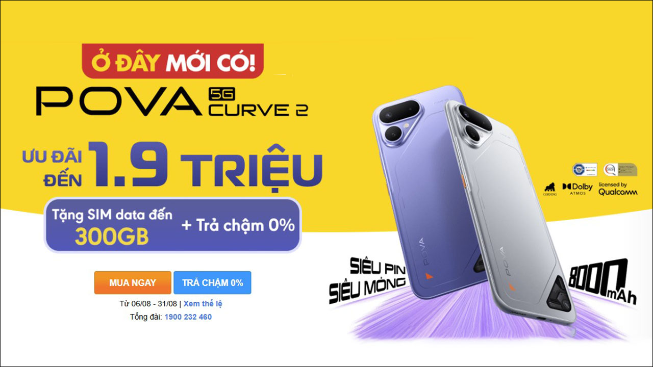 Hotsale Tecno Pova Curve 2 5G: Giảm 1.5 Triệu, Tặng Sim 300 Gb & Trả Chậm 0%