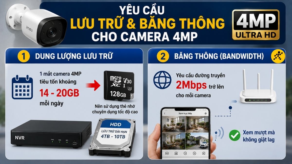 Y&ecirc;u cầu về lưu trữ v&agrave; băng th&ocirc;ng cho camera 4MP