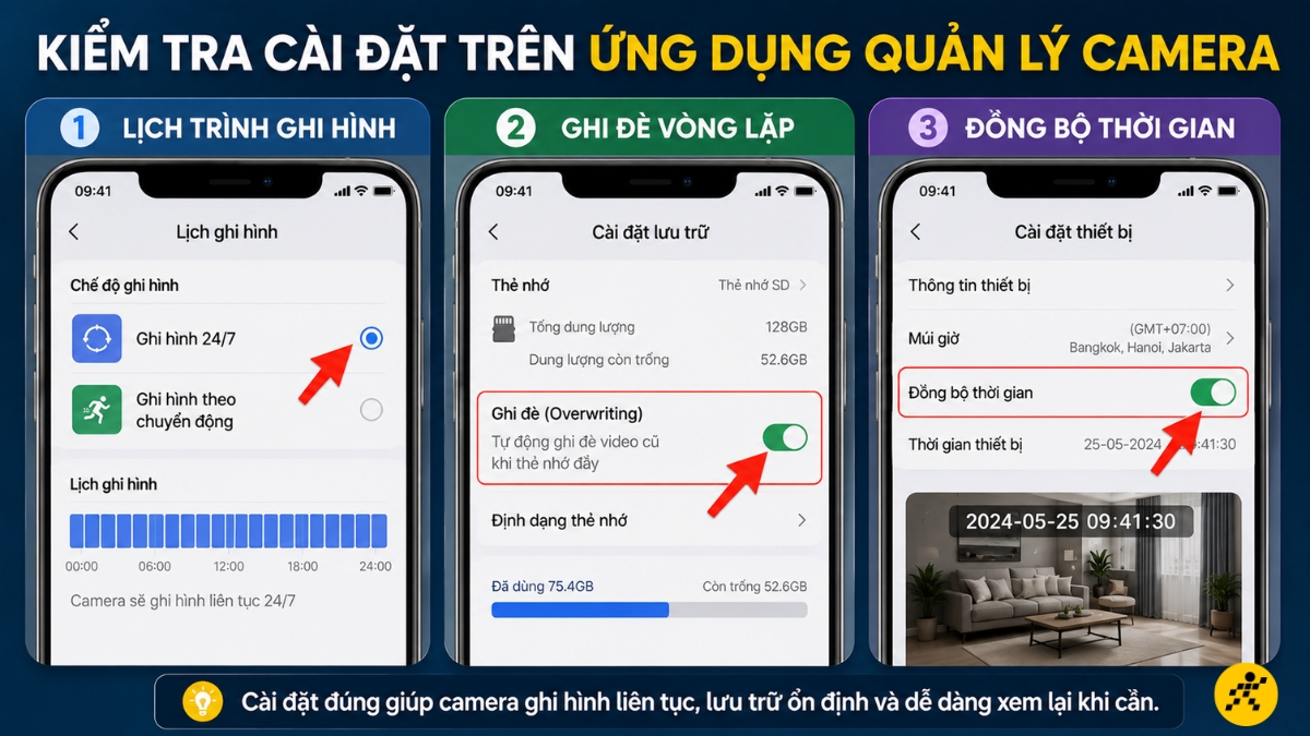 Kiểm tra c&agrave;i đặt tr&ecirc;n ứng dụng quản l&yacute; camera