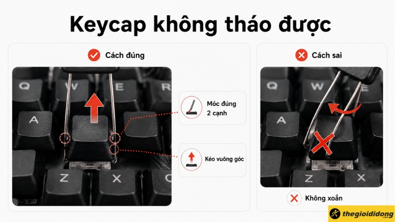 C&aacute;ch sử dụng keycap puller đ&uacute;ng c&aacute;ch để k&eacute;o thẳng keycap