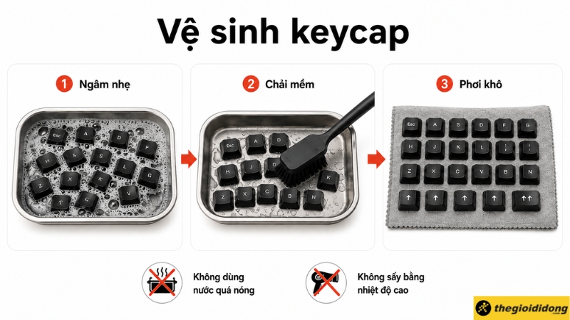 C&aacute;c bước vệ sinh keycap bằng c&aacute;ch ng&acirc;m rửa v&agrave; phơi kh&ocirc;