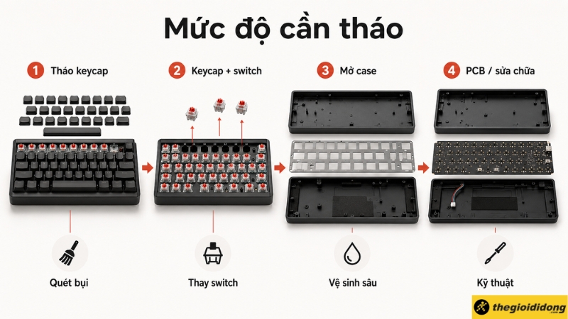 Sơ đồ ph&acirc;n chia 4 mức độ th&aacute;o b&agrave;n ph&iacute;m cơ