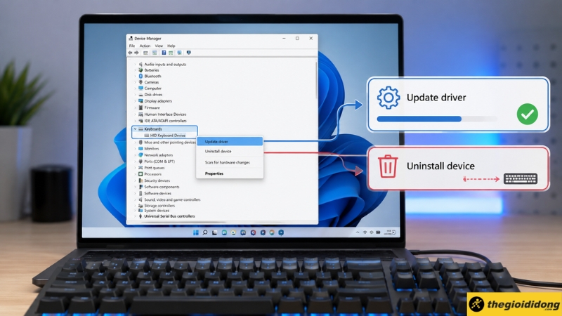 Thao t&aacute;c Update driver hoặc Uninstall device đối với b&agrave;n ph&iacute;m