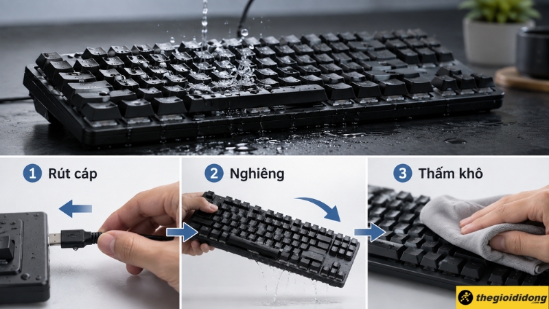 C&aacute;c bước xử l&yacute; nhanh khi b&agrave;n ph&iacute;m cơ bị d&iacute;nh nước