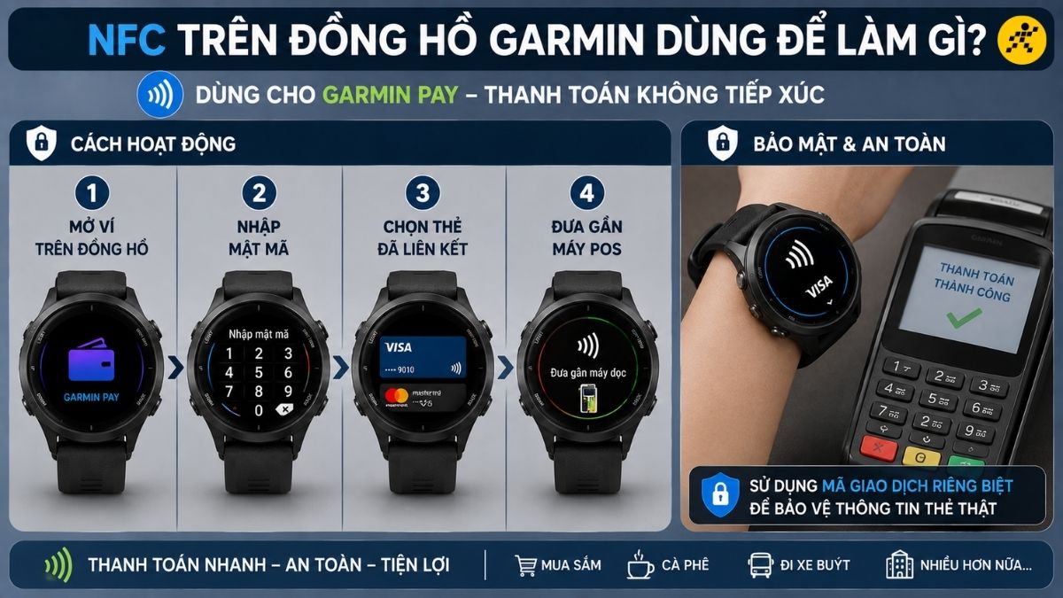 NFC trên đồng hồ Garmin chủ yếu được sử dụng cho tính năng Garmin Pay NFC trên đồng hồ Garmin chủ yếu được sử dụng cho tính năng Garmin Pay