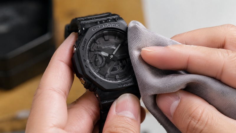 Lau khô đồng hồ G-SHOCK bằng khăn mềm Lau khô đồng hồ G-SHOCK bằng khăn mềm