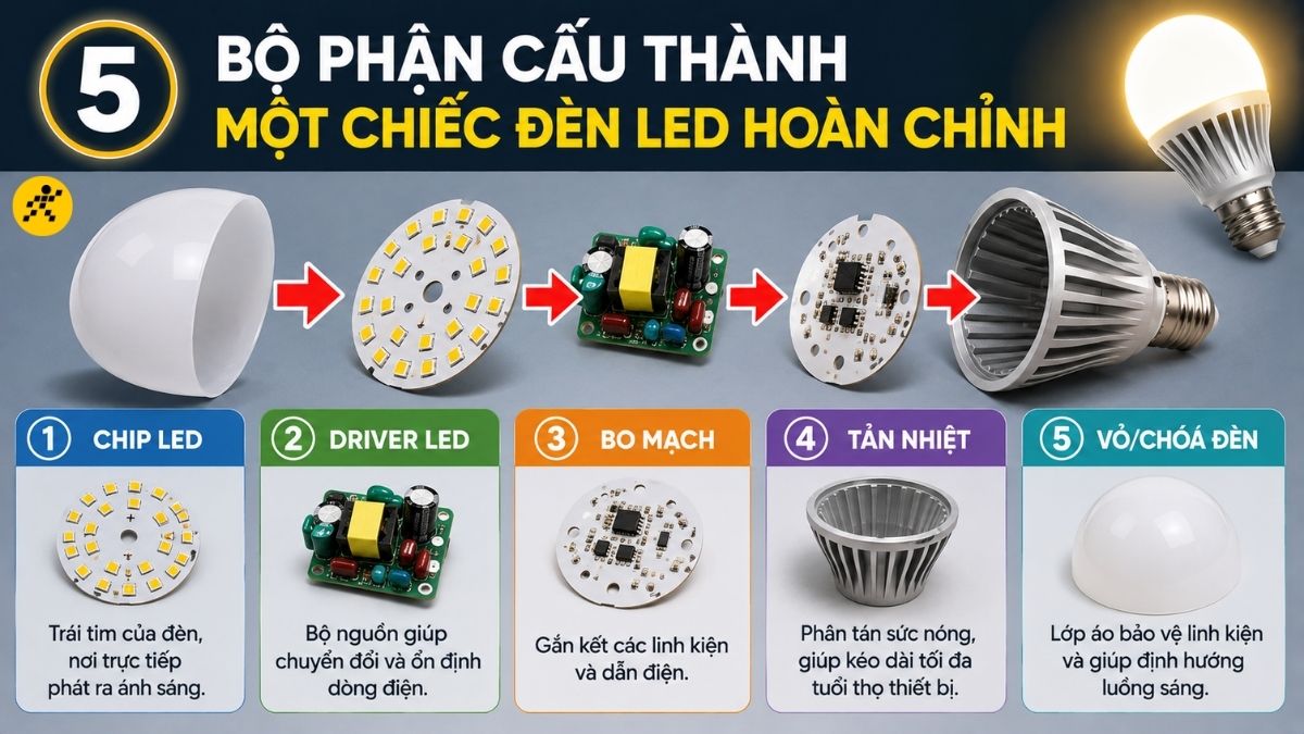 5 bộ phận cấu thành một chiếc đèn LED 5 bộ phận cấu thành một chiếc đèn LED