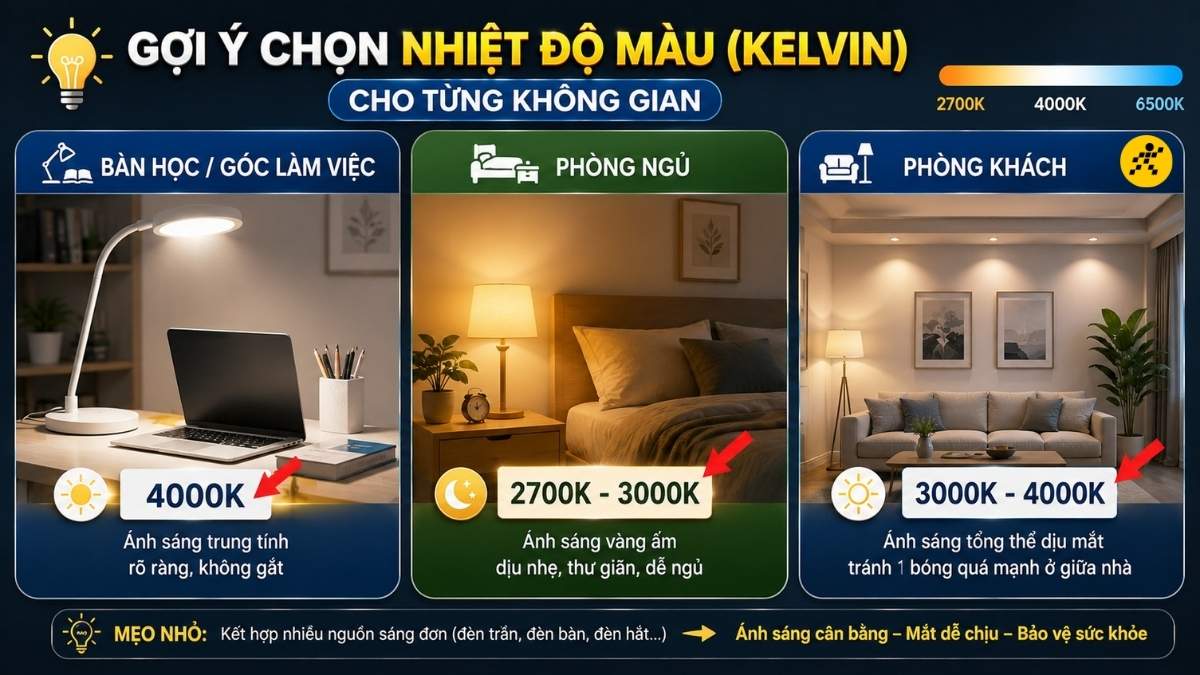Chọn nhiệt độ màu (Kelvin) cho từng không gian Chọn nhiệt độ màu (Kelvin) cho từng không gian