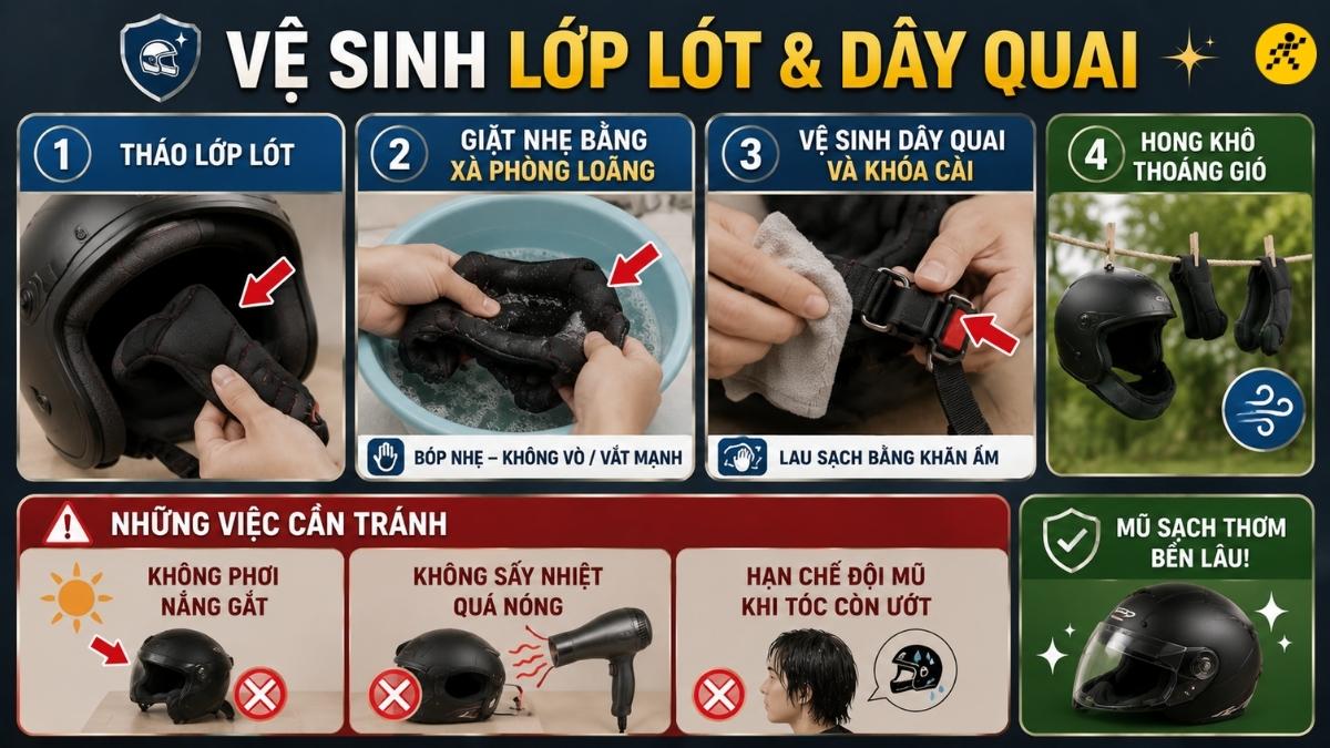 Vệ sinh lớp lót và dây quai mũ bảo hiểm Vệ sinh lớp lót và dây quai mũ bảo hiểm