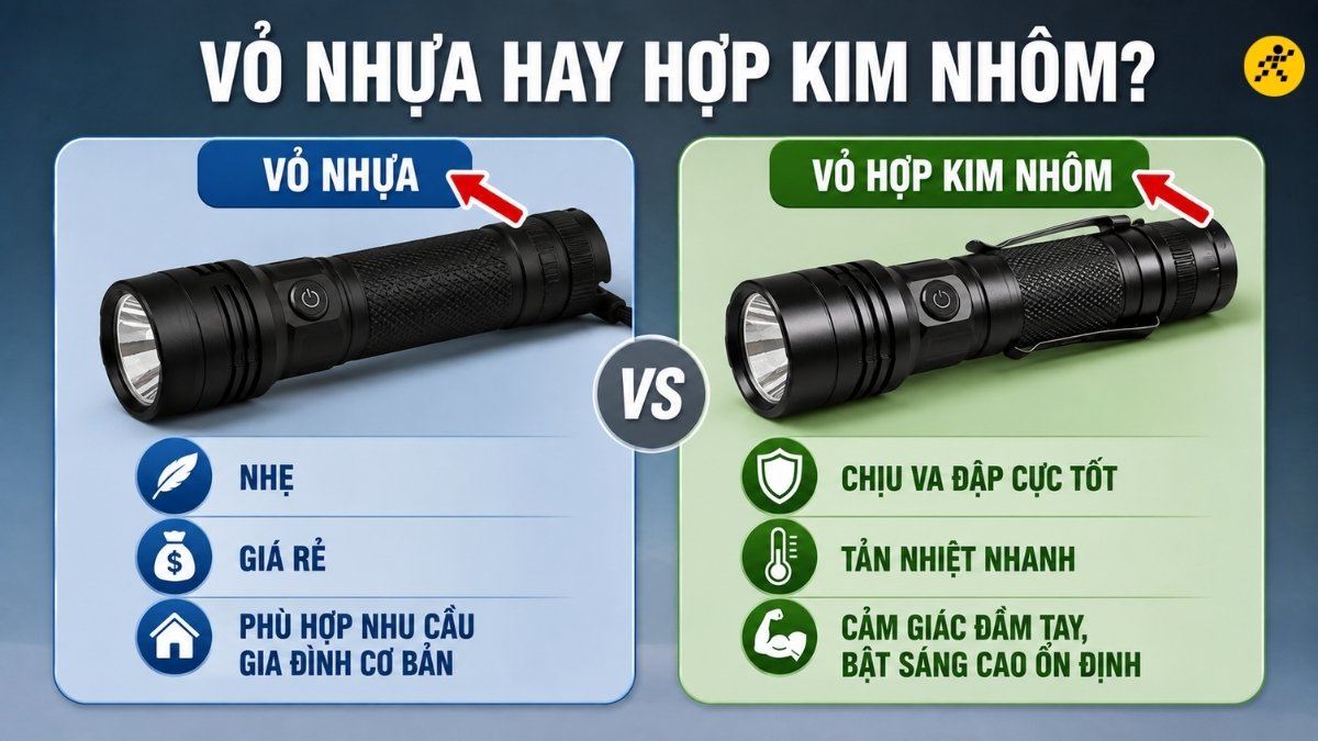 Đèn pin vỏ nhựa hay vỏ hợp kim nhôm Đèn pin vỏ nhựa hay vỏ hợp kim nhôm