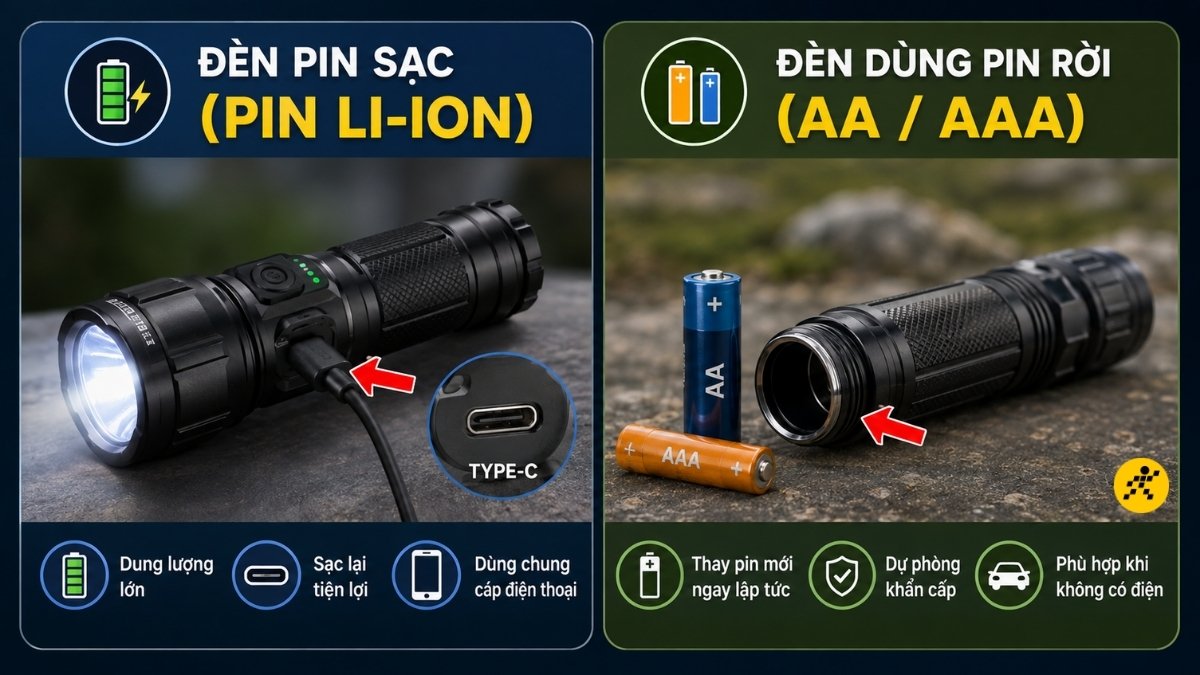 Đèn pin sạc và đèn pin rời Đèn pin sạc và đèn pin rời