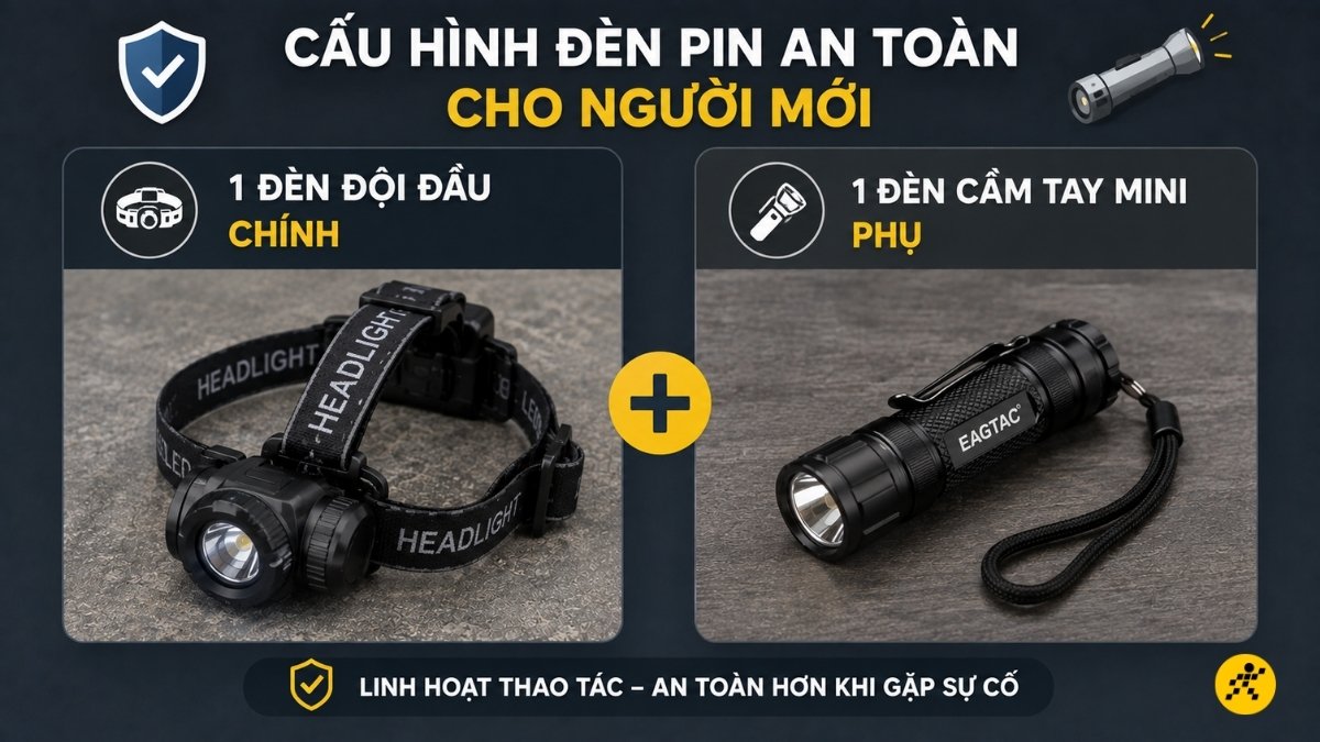 1 đèn đội đầu chính + 1 đèn cầm tay mini 1 đèn đội đầu chính + 1 đèn cầm tay mini