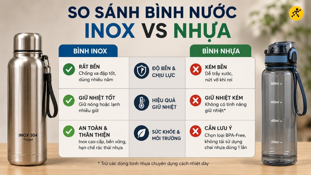So sánh bình nước inox với bình nước nhựa