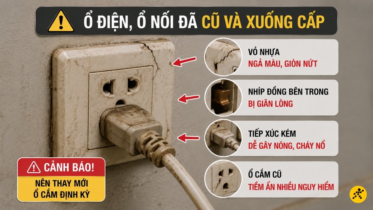Ổ cắm dùng nhiều năm thường có vỏ nhựa ngả màu