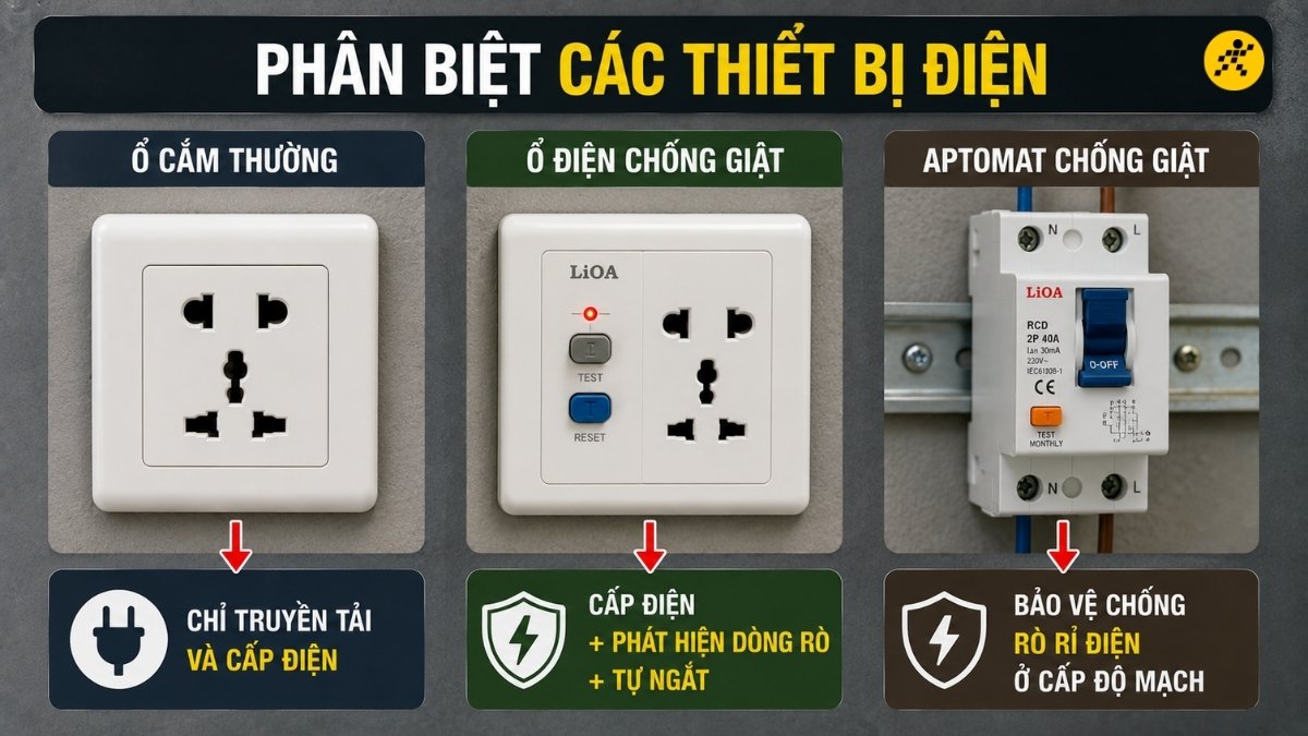Ổ điện chống giật, ổ thường và Aptomat