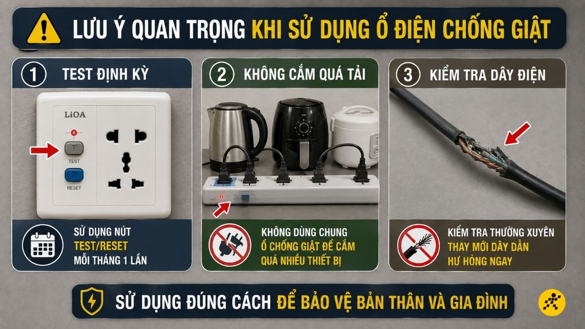 Lưu ý quan trọng khi sử dụng ổ điện chống giật