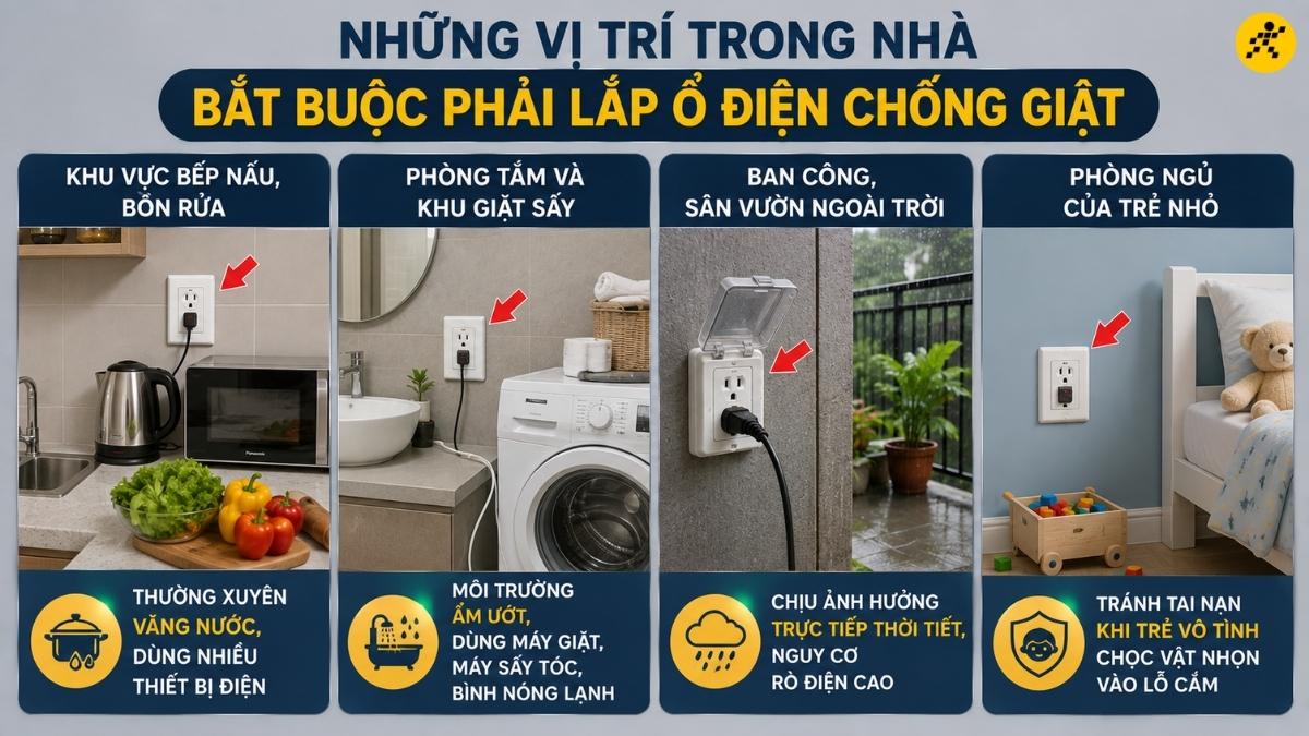 Lắp ổ điện ở những khu vực có độ ẩm cao, gần nguồn nước
