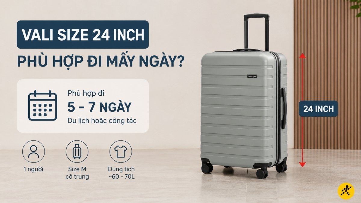 Vali 24 inch (thường gọi là vali size M hoặc vali cỡ trung) Vali 24 inch (thường gọi là vali size M hoặc vali cỡ trung)