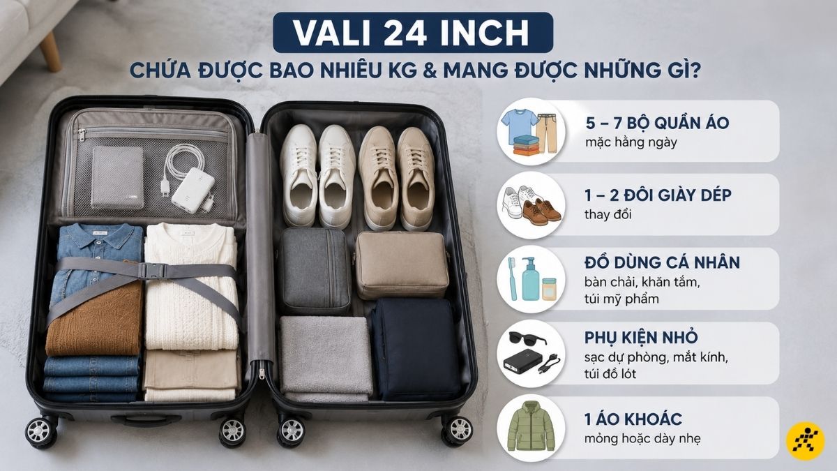 Vali 24 inch có thể chứa thoải mái các vật dụng sau Vali 24 inch có thể chứa thoải mái các vật dụng sau