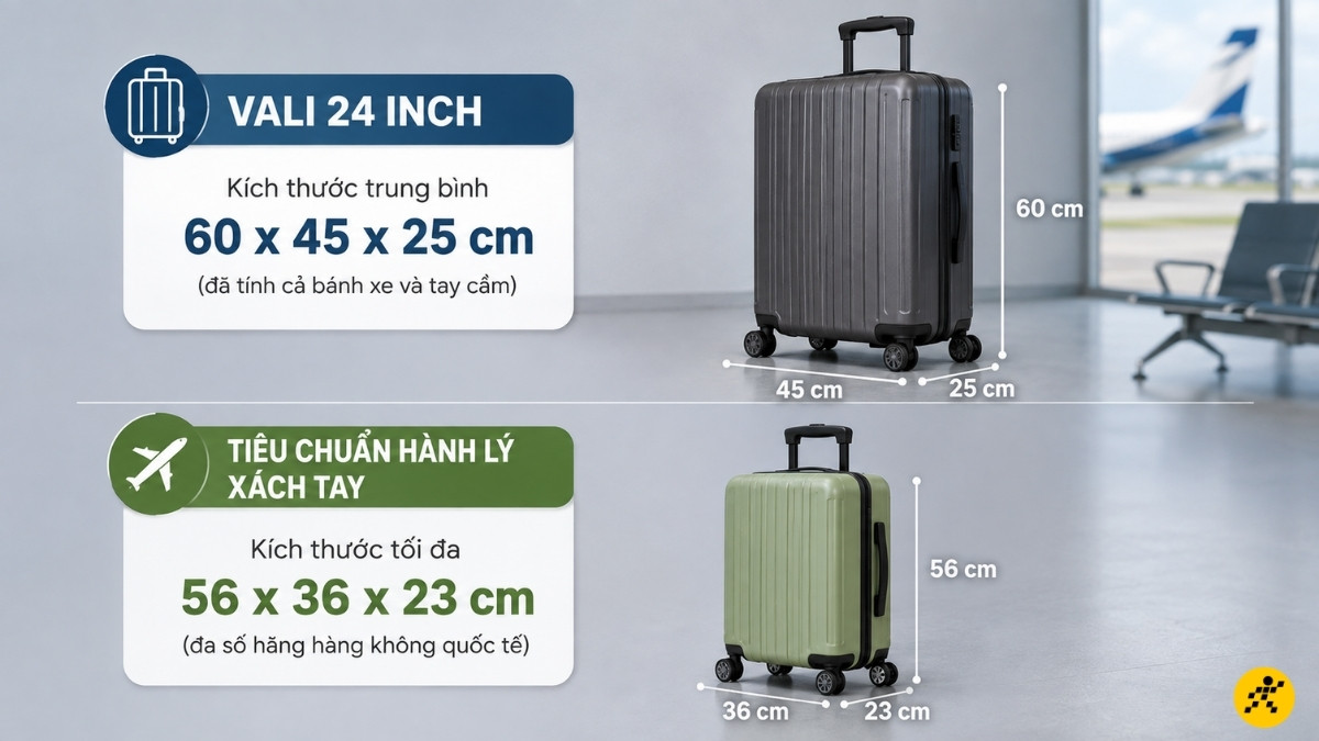 Kích thước trung bình của một chiếc vali 24 inch